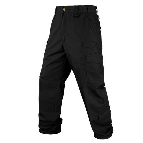 The Condor Sentinel Tactical Pants Plus Size are black cargo pants with multiple pockets, belt loops, and a button closure for first responders, shown against a white background.