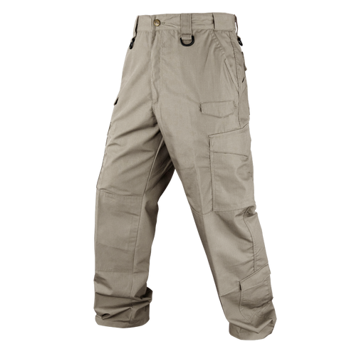 Condor Sentinel Tactical Pants in khaki, featuring multiple pockets, belt loops, and reinforced knees, shown against a plain background.