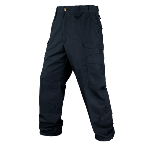Condor Sentinel Tactical Pants in navy blue, featuring multiple pockets, belt loops, and button closure, shown against a white background.