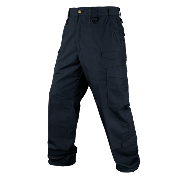 Condor Sentinel Tactical Pants in navy blue, featuring multiple pockets, belt loops, and button closure, shown against a white background.