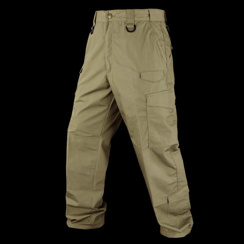 Condor Sentinel Tactical Pants in khaki, featuring multiple pockets and belt loops, displayed on a white background.