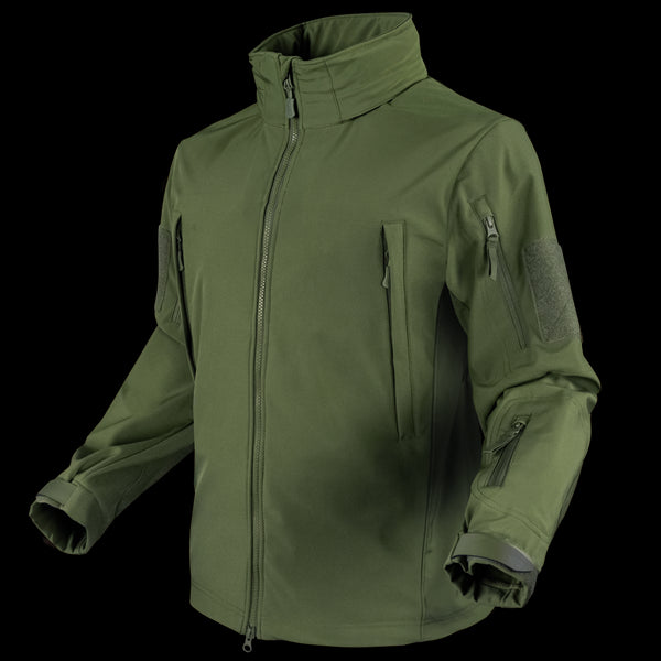 The Condor Summit Zero Softshell Jacket in olive green features a high collar, zip-up front, long sleeves, zippered chest and arm pockets, and adjustable cuffs, shown against a plain background.