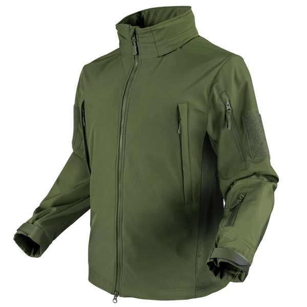The Condor Summit Zero Softshell Jacket in olive green features a high collar, zip-up front, long sleeves, zippered chest and arm pockets, and adjustable cuffs, shown against a plain background.