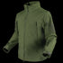 The Condor Summit Zero Softshell Jacket in olive green features a high collar, zip-up front, long sleeves, zippered chest and arm pockets, and adjustable cuffs, shown against a plain background.
