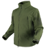 The Condor Summit Zero Softshell Jacket in olive green features a high collar, zip-up front, long sleeves, zippered chest and arm pockets, and adjustable cuffs, shown against a plain background.