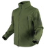 The Condor Summit Zero Softshell Jacket in olive green features a high collar, zip-up front, long sleeves, zippered chest and arm pockets, and adjustable cuffs, shown against a plain background.