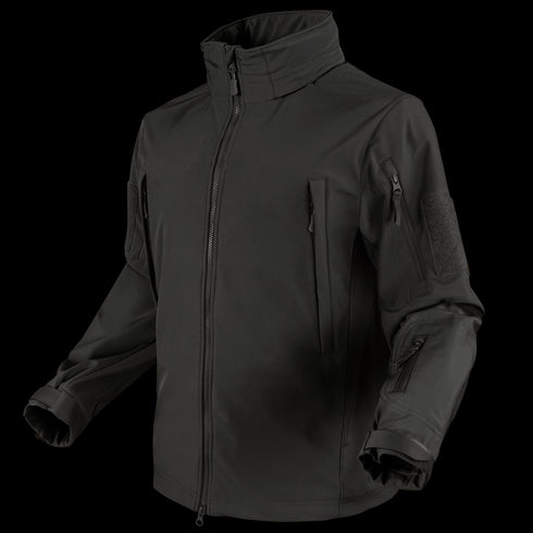 The Condor Summit Zero Softshell Jacket is a black zip-up jacket with multiple zippered pockets on the chest, sleeves, and arms, displayed on a plain background.
