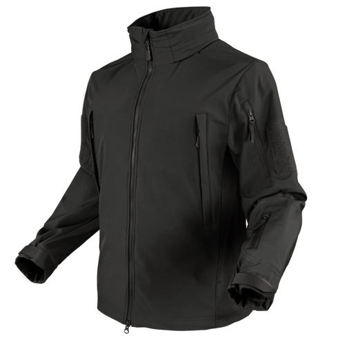The Condor Summit Zero Softshell Jacket is a black zip-up jacket with multiple zippered pockets on the chest, sleeves, and arms, displayed on a plain background.