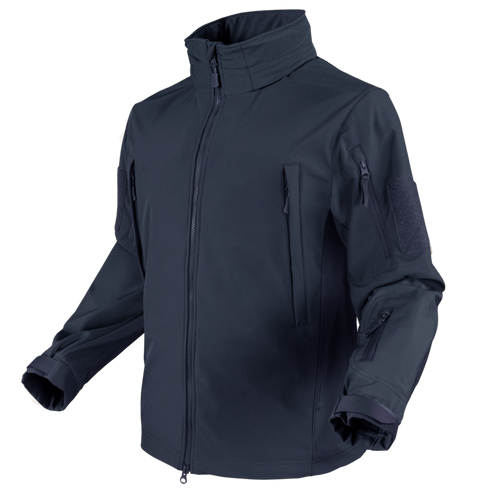 The Condor Summit Zero Softshell Jacket is a navy blue zip-up with a high collar, multiple zippered pockets on the chest and sleeves, and adjustable cuffs.