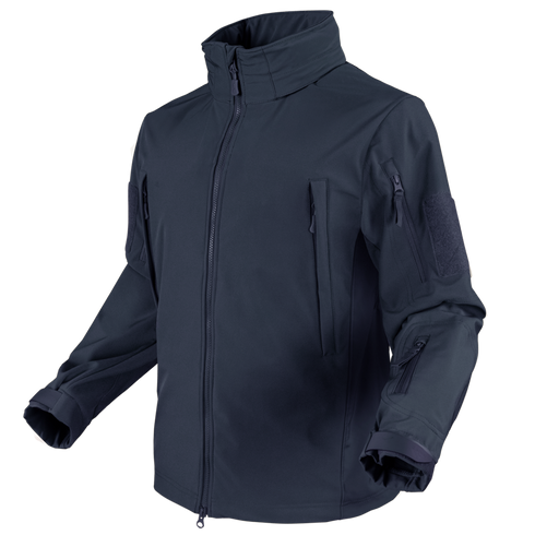 The Condor Summit Zero Softshell Jacket is a navy blue zip-up with a high collar, multiple zippered pockets on the chest and sleeves, and adjustable cuffs.