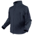 The Condor Summit Zero Softshell Jacket is a navy blue zip-up with a high collar, multiple zippered pockets on the chest and sleeves, and adjustable cuffs.