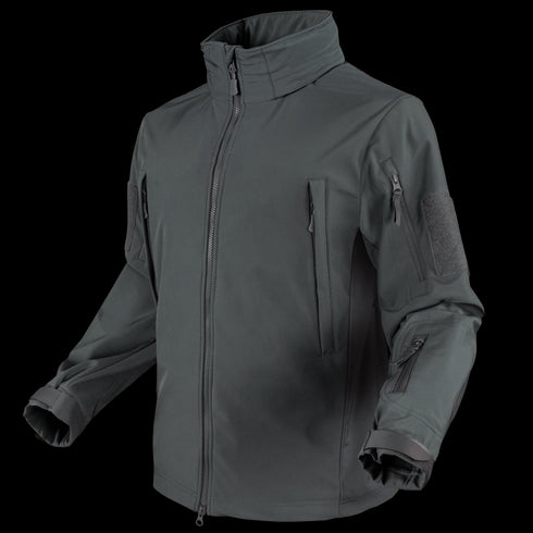The Condor Summit Zero Softshell Jacket is a dark gray, zip-up tactical jacket featuring multiple zippered pockets on the chest, arms, and sleeve, shown on a white background.