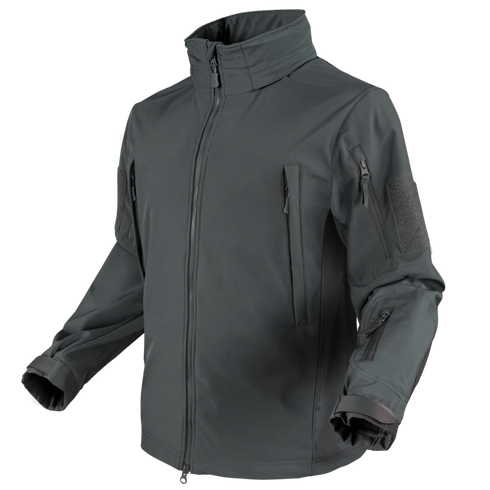 The Condor Summit Zero Softshell Jacket is a dark gray, zip-up tactical jacket featuring multiple zippered pockets on the chest, arms, and sleeve, shown on a white background.