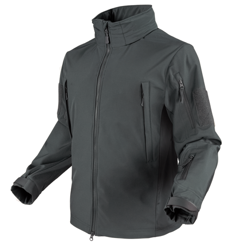 The Condor Summit Zero Softshell Jacket is a dark gray, zip-up tactical jacket featuring multiple zippered pockets on the chest, arms, and sleeve, shown on a white background.