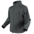 The Condor Summit Zero Softshell Jacket is a dark gray, zip-up tactical jacket featuring multiple zippered pockets on the chest, arms, and sleeve, shown on a white background.