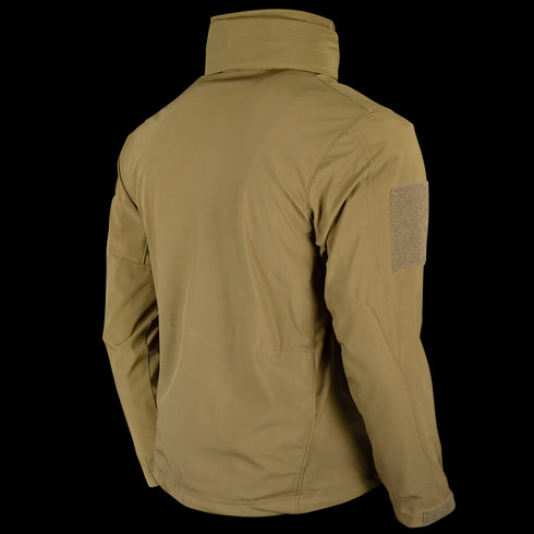 The Condor Summit Zero Softshell Jacket in tan is displayed from the back, featuring long sleeves, a high collar, and a hook-and-loop patch on the upper left sleeve.
