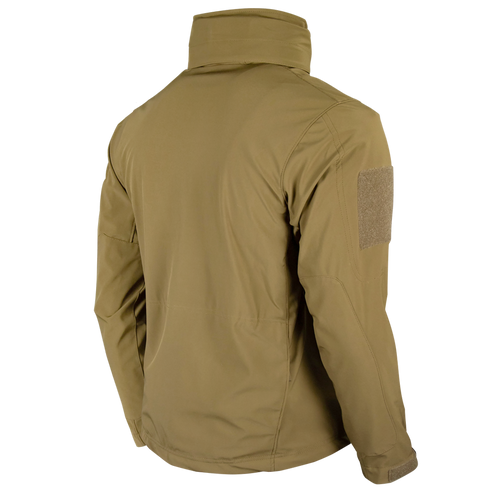 The Condor Summit Zero Softshell Jacket in tan is displayed from the back, featuring long sleeves, a high collar, and a hook-and-loop patch on the upper left sleeve.