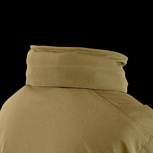 Close-up of the back and collar of the Condor Summit Zero Softshell Jacket in tan, highlighting stitching details and fabric texture.