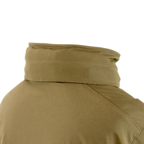 Close-up of the back and collar of the Condor Summit Zero Softshell Jacket in tan, highlighting stitching details and fabric texture.