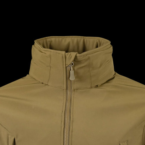 Close-up of the upper front of the Condor Summit Zero Softshell Jacket in tan, featuring a high collar and a partially zipped front zipper.