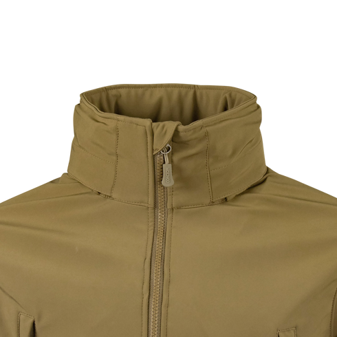 Close-up of the upper front of the Condor Summit Zero Softshell Jacket in tan, featuring a high collar and a partially zipped front zipper.