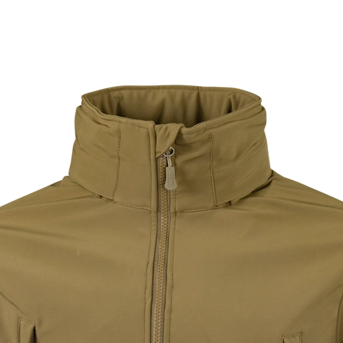 Close-up of the upper front of the Condor Summit Zero Softshell Jacket in tan, featuring a high collar and a partially zipped front zipper.