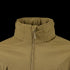Close-up of the upper front of the Condor Summit Zero Softshell Jacket in tan, featuring a high collar and a partially zipped front zipper.