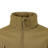 Close-up of the upper front of the Condor Summit Zero Softshell Jacket in tan, featuring a high collar and a partially zipped front zipper.