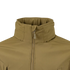 Close-up of the upper front of the Condor Summit Zero Softshell Jacket in tan, featuring a high collar and a partially zipped front zipper.