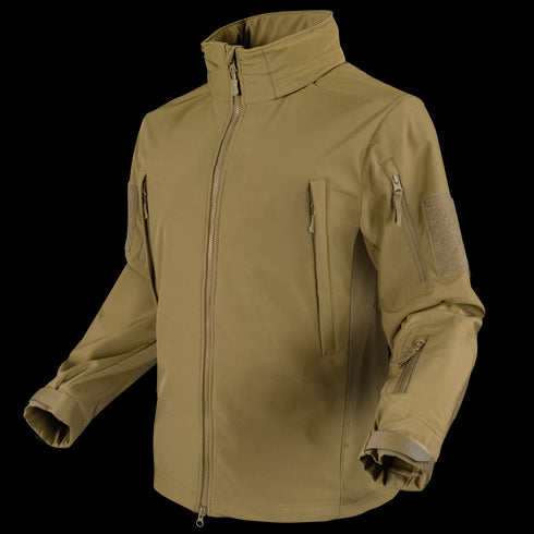 The Condor Summit Zero Softshell Jacket is a khaki, long-sleeve tactical jacket featuring a high collar, full front zipper, and multiple zippered pockets on the chest, arms, and sleeves.