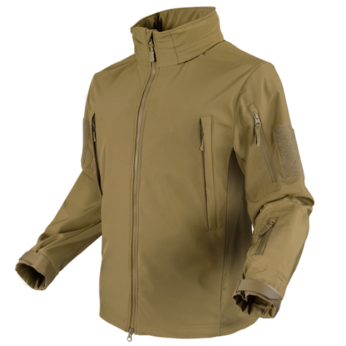 The Condor Summit Zero Softshell Jacket is a khaki, long-sleeve tactical jacket featuring a high collar, full front zipper, and multiple zippered pockets on the chest, arms, and sleeves.