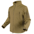 The Condor Summit Zero Softshell Jacket is a khaki, long-sleeve tactical jacket featuring a high collar, full front zipper, and multiple zippered pockets on the chest, arms, and sleeves.