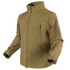 The Condor Summit Zero Softshell Jacket is a khaki, long-sleeve tactical jacket featuring a high collar, full front zipper, and multiple zippered pockets on the chest, arms, and sleeves.