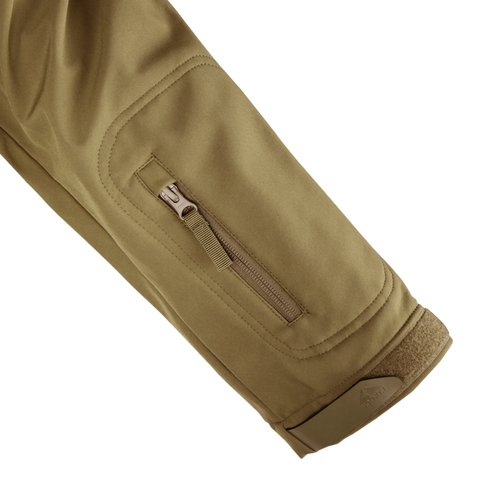 Close-up of the Condor Summit Softshell Jacket sleeve, showing a zippered pocket, stitched seam, and Velcro cuff strap for enhanced warmth and protection in cold weather.