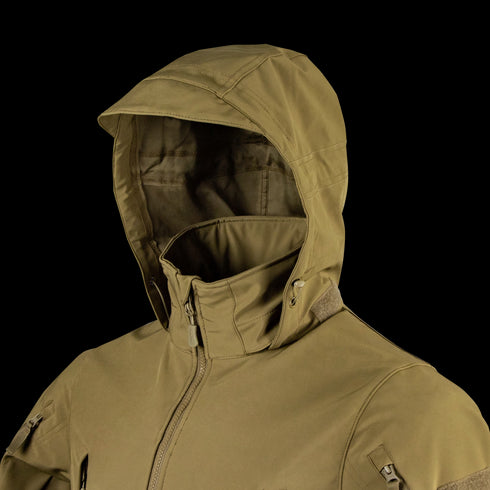 The Condor Summit Zero Softshell Jacket, in khaki, features a high collar and zippered front. It is shown displayed on a mannequin against a white background.
