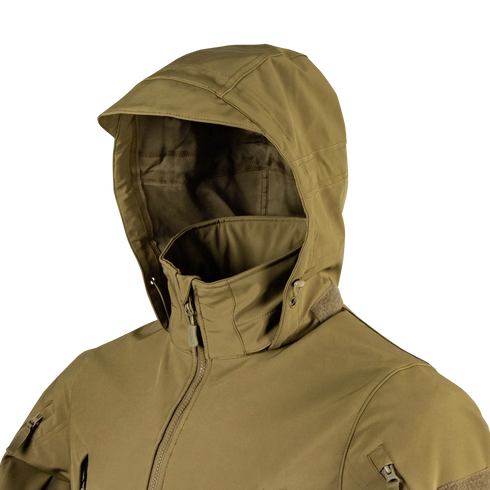 The Condor Summit Zero Softshell Jacket, in khaki, features a high collar and zippered front. It is shown displayed on a mannequin against a white background.
