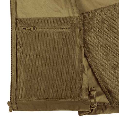 Close-up of the Condor Summit Zero Softshell Jacket in brown, featuring a mesh zip pocket and an adjustable drawstring at the hem.