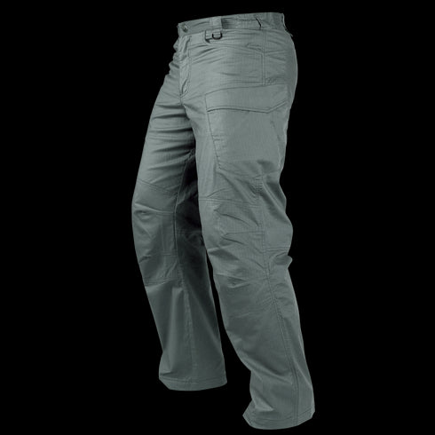 The Condor Stealth Operator Pants, shown in gray with multiple pockets, belt loops, and reinforced stitching, are perfect for bushcraft or EDC. Displayed on a white background.
