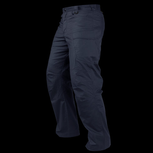 The Condor Stealth Operator Pants are navy blue tactical pants with multiple pockets and reinforced knees, designed for bushcraft and first responders, shown on an invisible mannequin from a three-quarter angle.