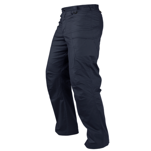 The Condor Stealth Operator Pants are navy blue tactical pants with multiple pockets and reinforced knees, designed for bushcraft and first responders, shown on an invisible mannequin from a three-quarter angle.