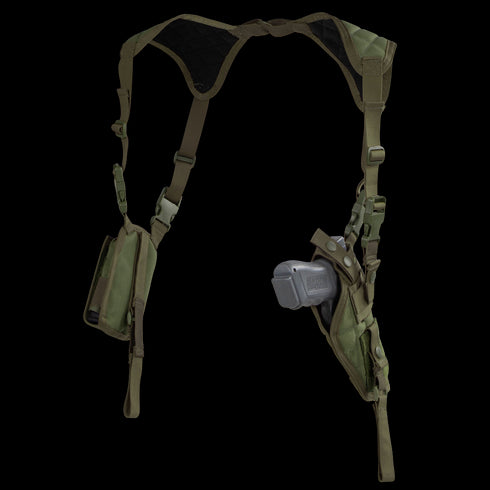 The Condor Vertical Shoulder Holster, shown against a white background, features dual pouches—one for a pistol and the other for extra storage.