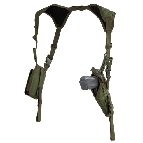 The Condor Vertical Shoulder Holster, shown against a white background, features dual pouches—one for a pistol and the other for extra storage.