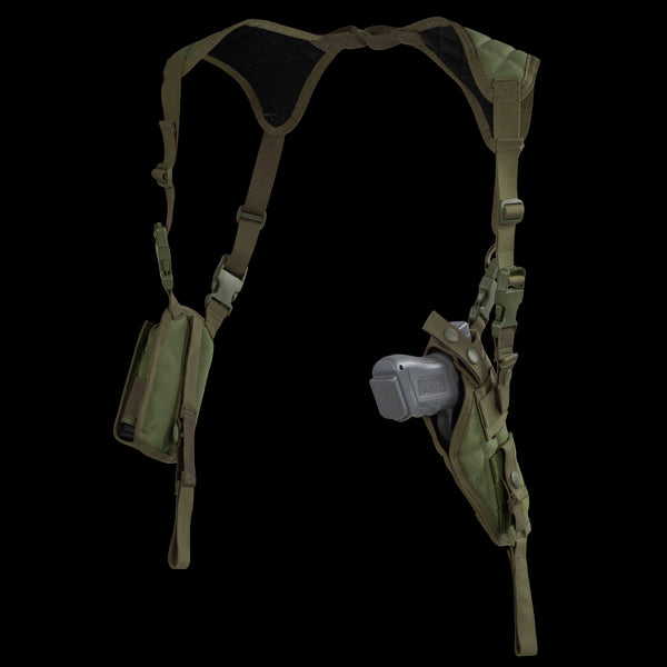 The Condor Vertical Shoulder Holster, shown against a white background, features dual pouchesāone for a pistol and the other for extra storage.