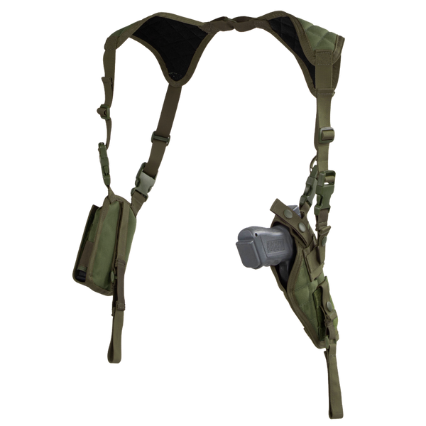 The Condor Vertical Shoulder Holster, shown against a white background, features dual pouchesāone for a pistol and the other for extra storage.