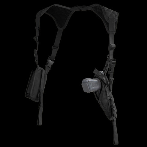 The Condor Vertical Shoulder Holster features dual adjustable straps, a handgun holster on one side, and an accessory pouch on the other.