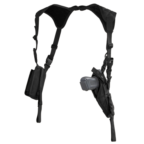 The Condor Vertical Shoulder Holster features dual adjustable straps, a handgun holster on one side, and an accessory pouch on the other.