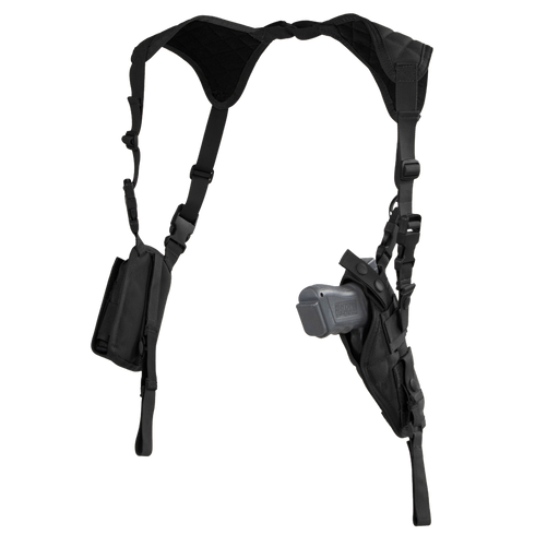 The Condor Vertical Shoulder Holster features dual adjustable straps, a handgun holster on one side, and an accessory pouch on the other.