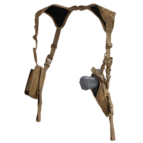 The Condor Vertical Shoulder Holster features padded tan straps, a holster for your handgun on one side, and an accessory pouch on the other.