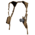 The Condor Vertical Shoulder Holster features padded tan straps, a holster for your handgun on one side, and an accessory pouch on the other.