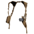 The Condor Vertical Shoulder Holster features padded tan straps, a holster for your handgun on one side, and an accessory pouch on the other.